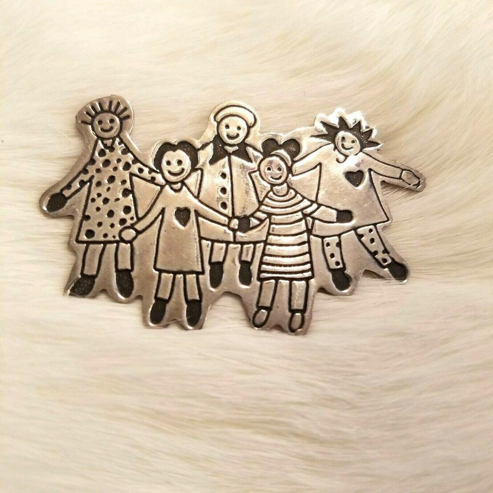 Vintage EFS Save The Children Brooch Sterling‎ Silver Large Mexico Family 2596